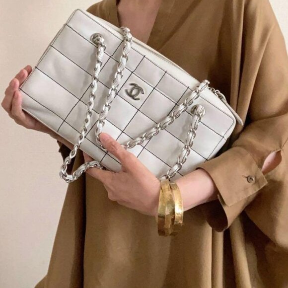 Authentic CHANEL CC Wild Stitch Chocolate Bar Chain Tote Shoulder Bag White Gold - Picture 3 of 15